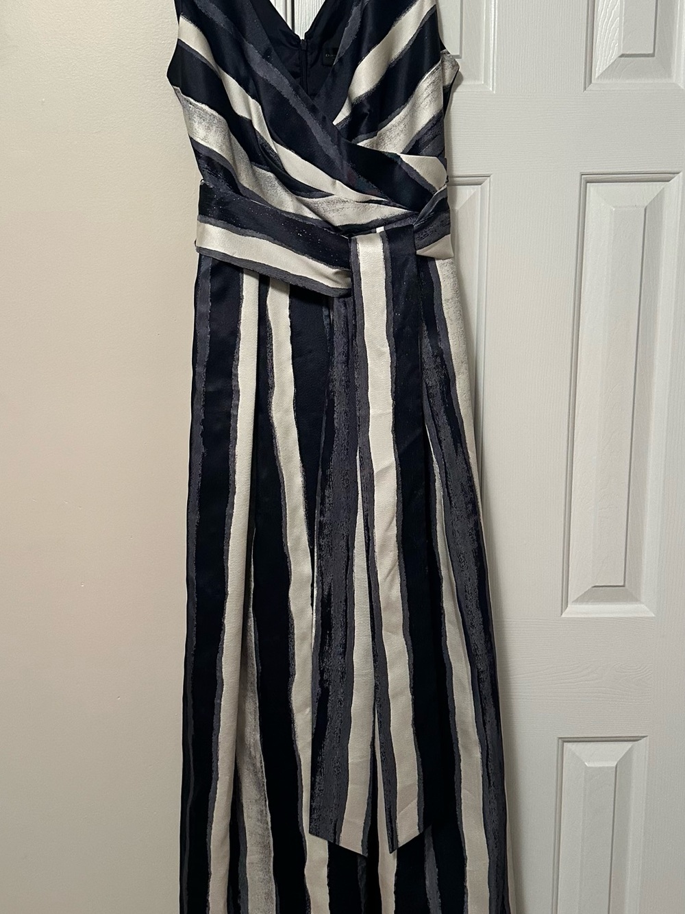 Donna Karan Navy and Silver/White Striped Wrap Maxi Dress- size 6 - Picture 2 of 4